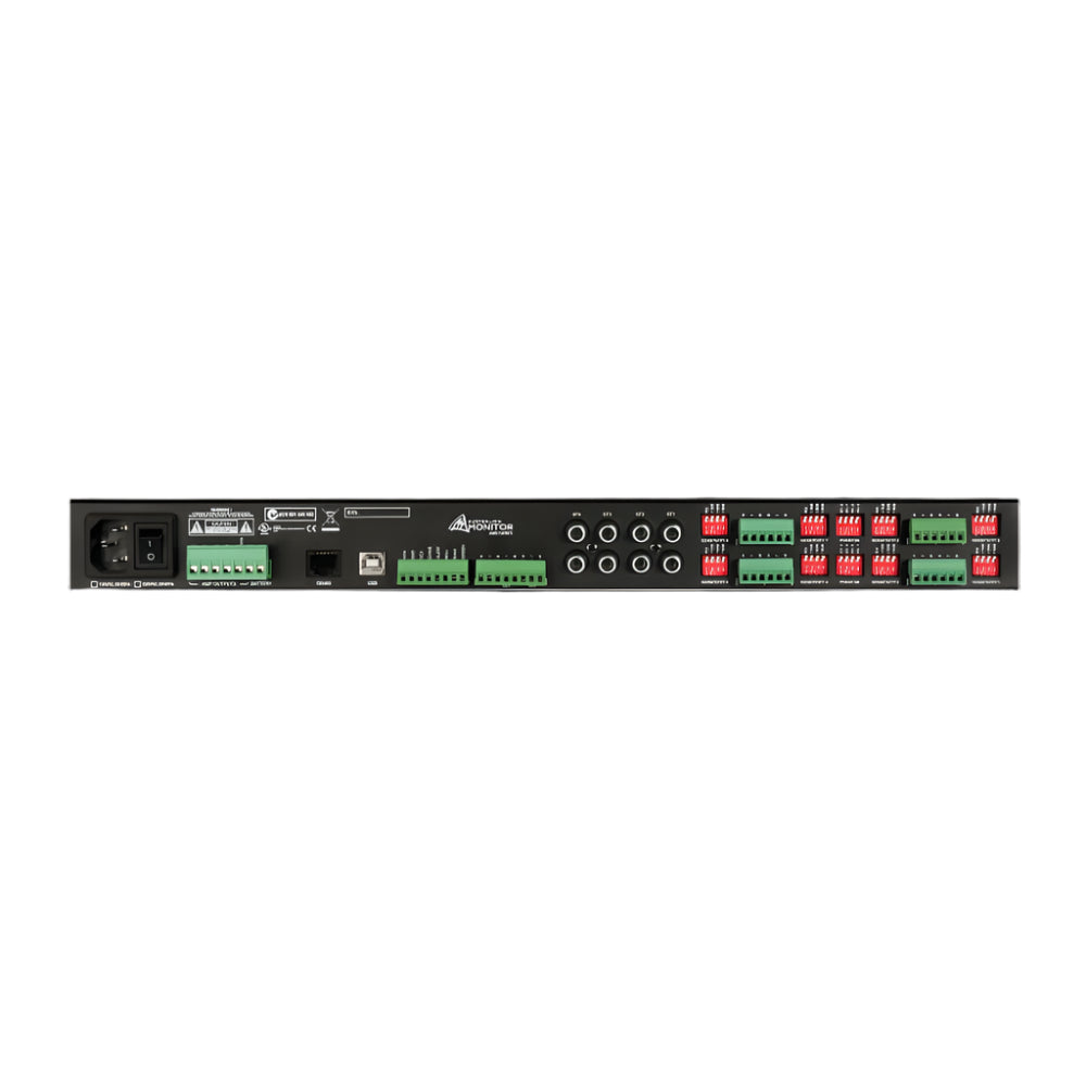 Back view of an electronic device with various ports and labels on a black background