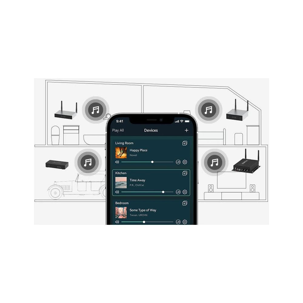 Smart home control app on a smartphone with a home layout in the background