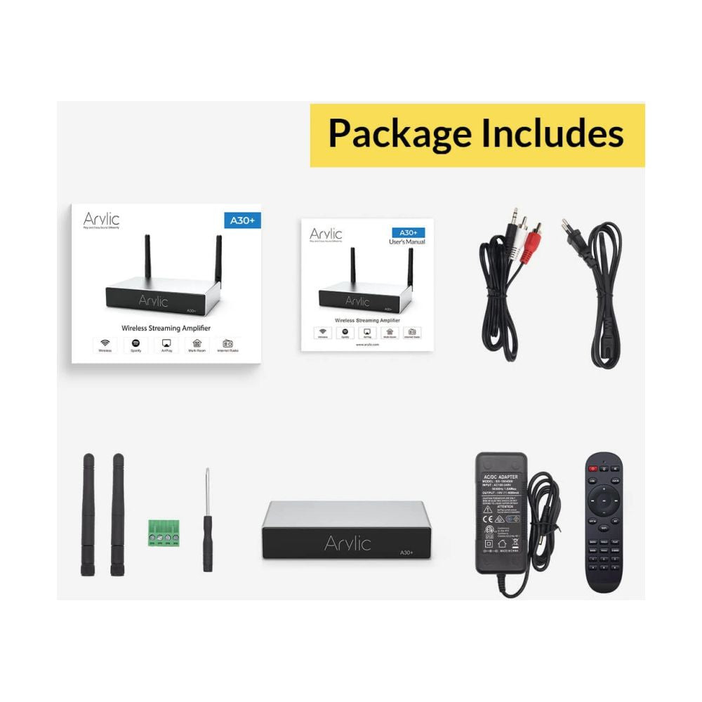Acrylic product package with various components on a white background