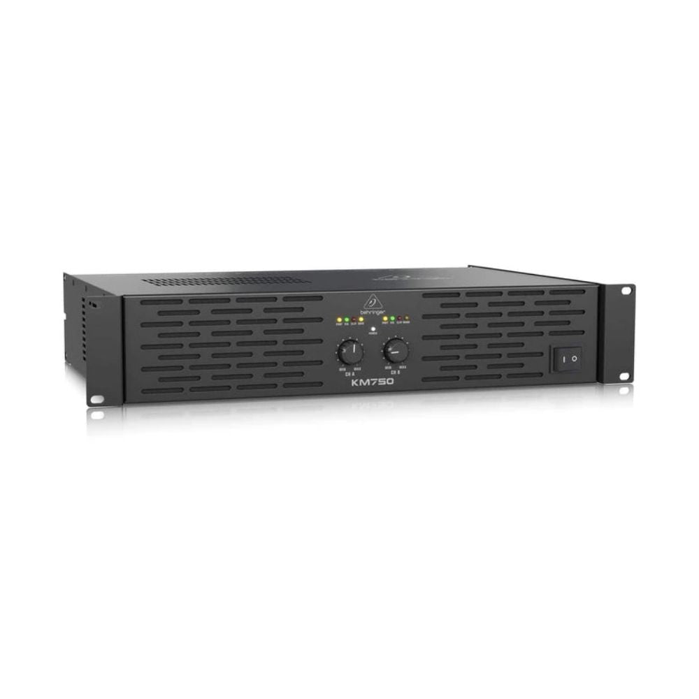 Black audio amplifier with brand logo on a white background