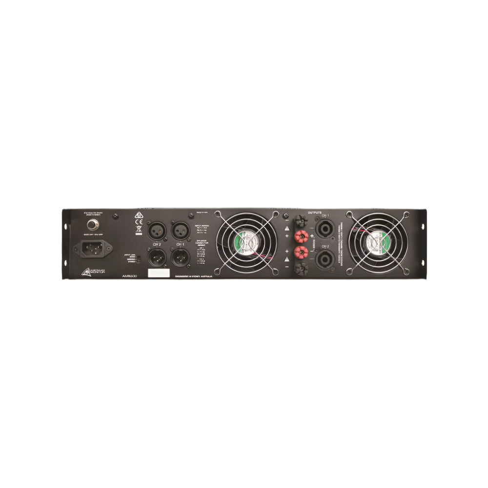 Back view of a black electronic equipment unit with various controls and labels on a white background