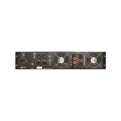 Back view of a black electronic equipment unit with various controls and labels on a white background