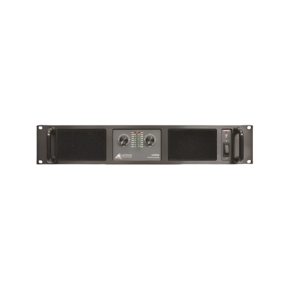 Black audio amplifier on a white background