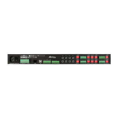 Back view of an electronic device with various ports and labels on a black background
