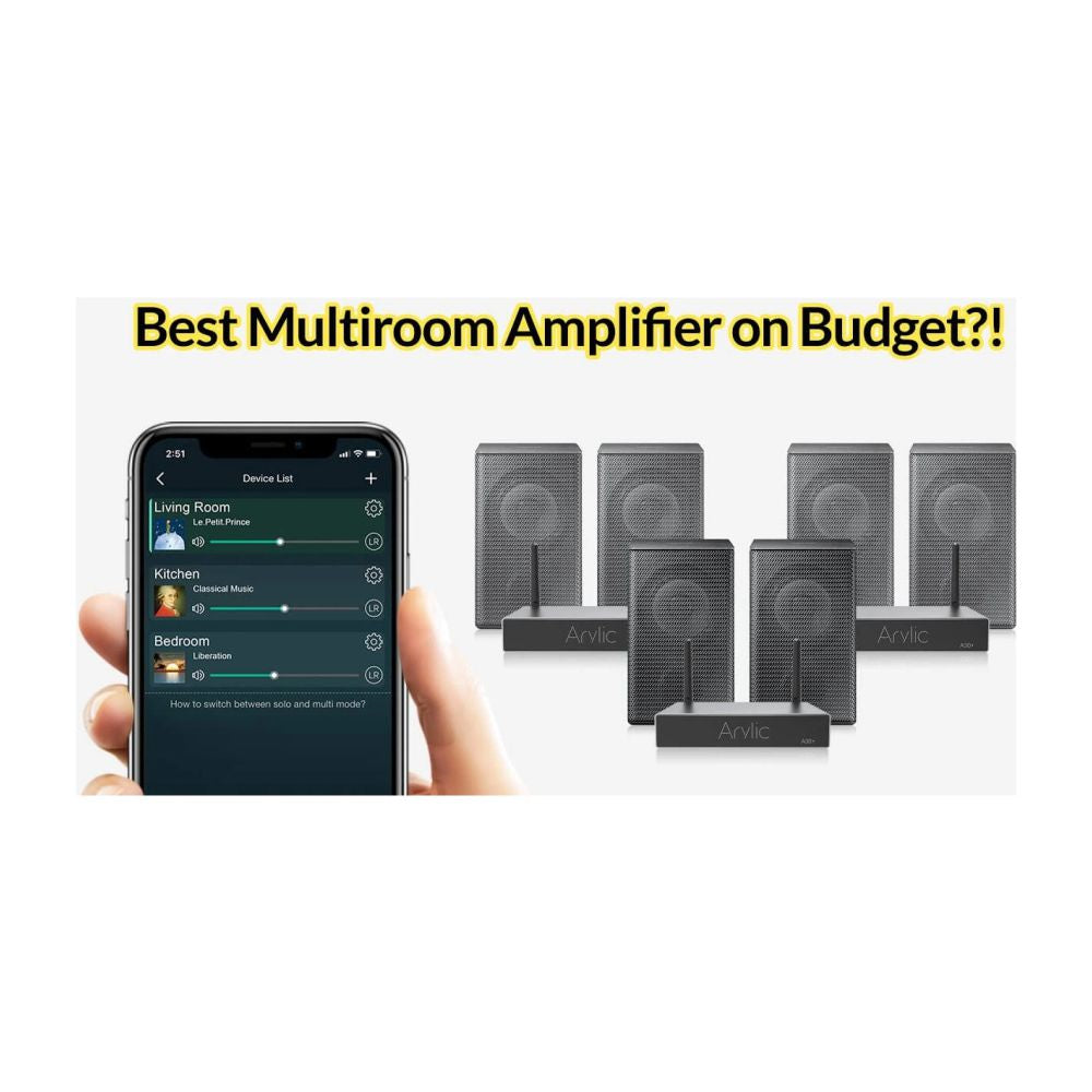 Multiroom amplifier system with smartphone app interface on a white background