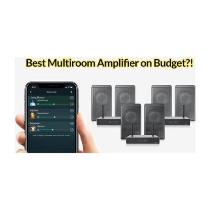 Multiroom amplifier system with smartphone app interface on a white background