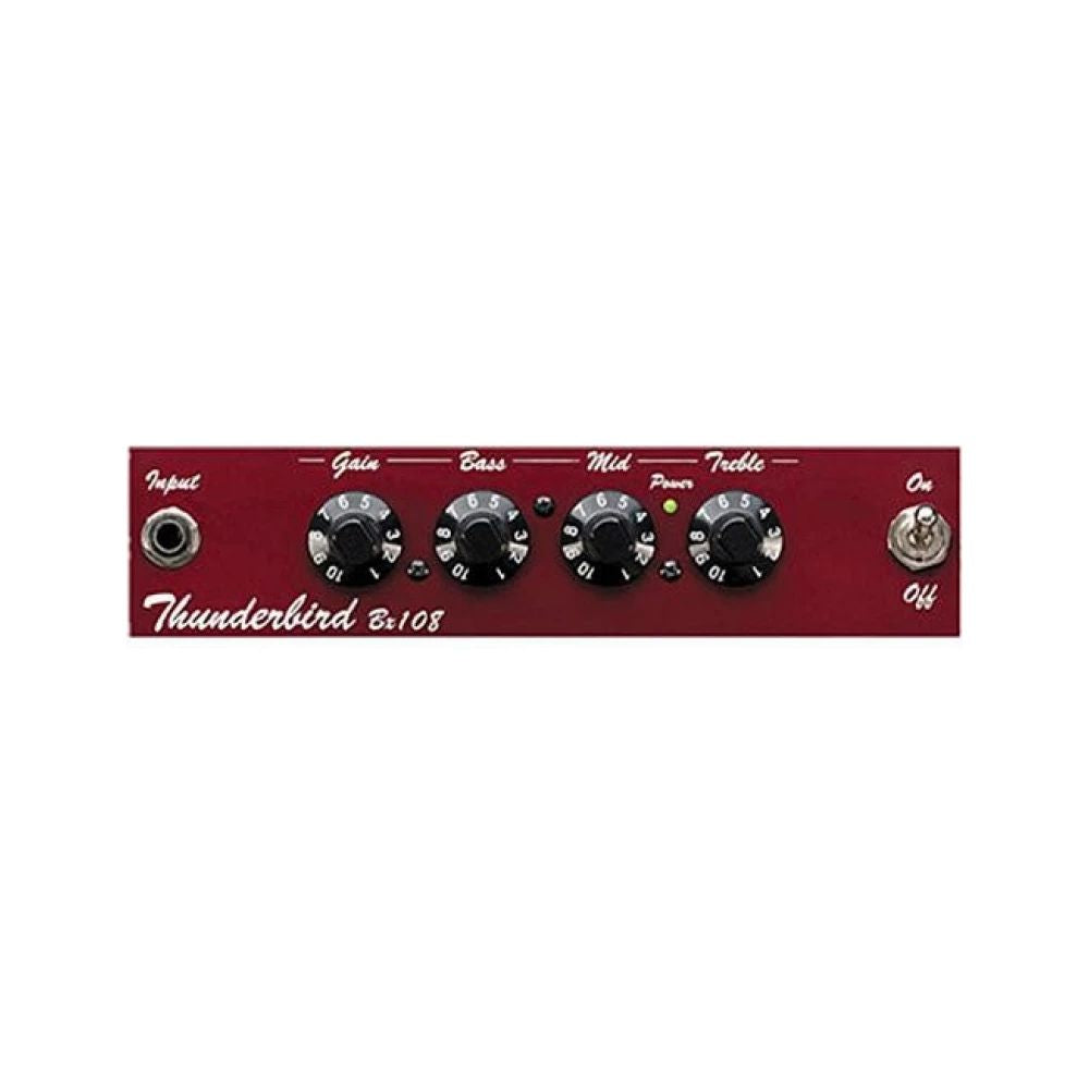 Guitar effects pedal with knobs and switches on a red background