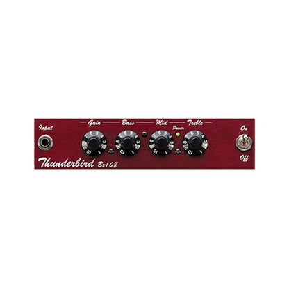 Guitar effects pedal with knobs and switches on a red background