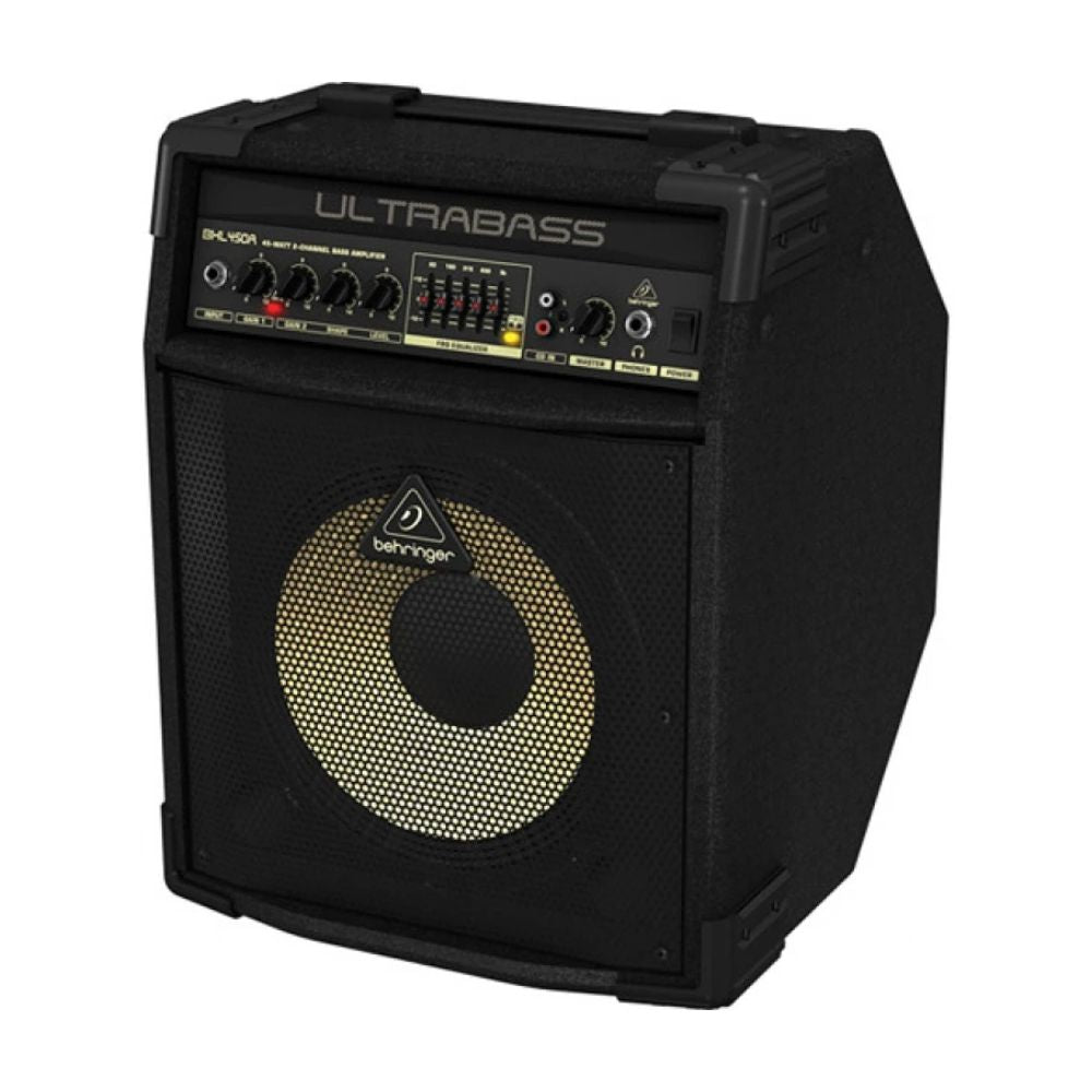 Black Behringer ultrabass amplifier on a white background