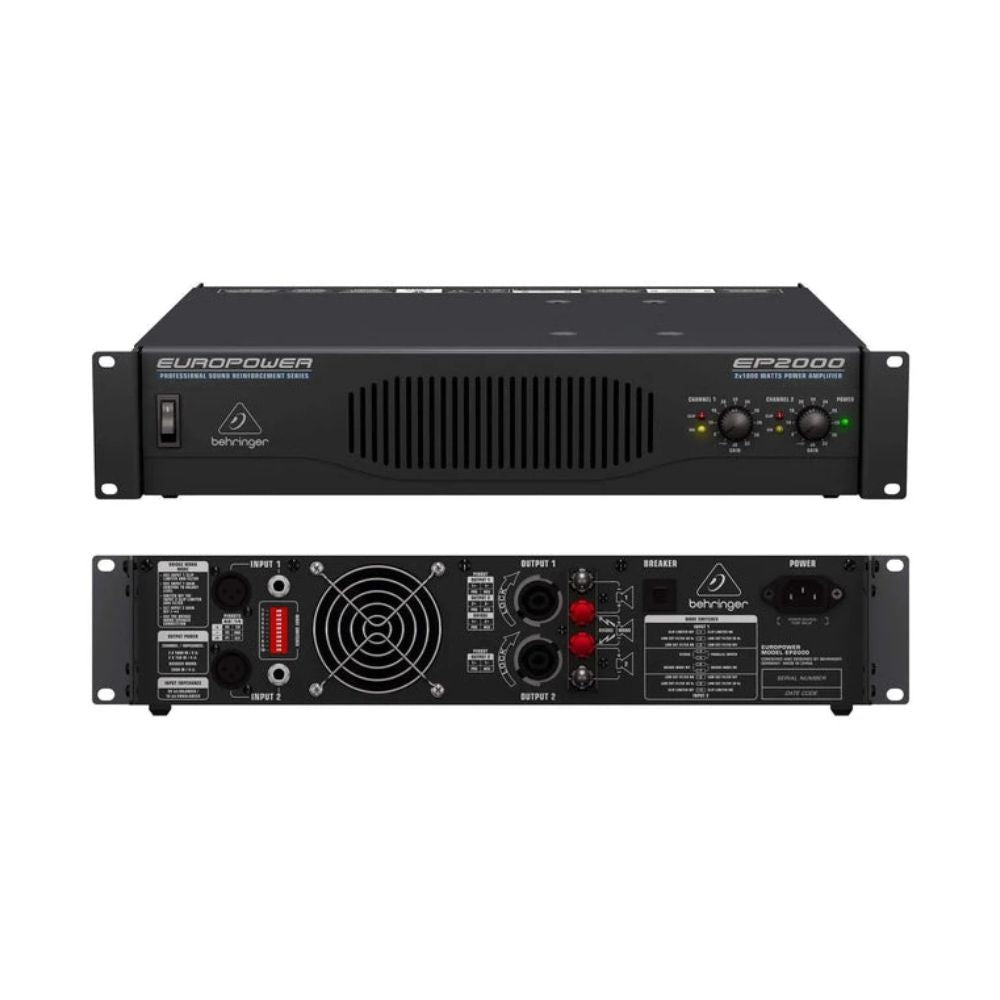 Two views of a Behringer audio power amplifier on a white background