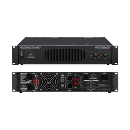 Two views of a Behringer audio power amplifier on a white background