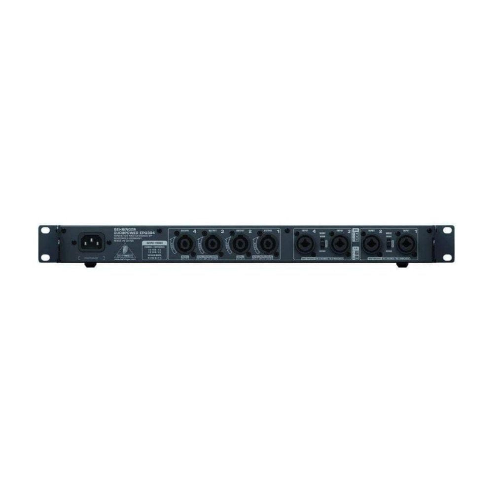 Black audio equipment rack with multiple ports on a white background