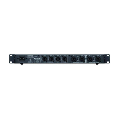 Black audio equipment rack with multiple ports on a white background