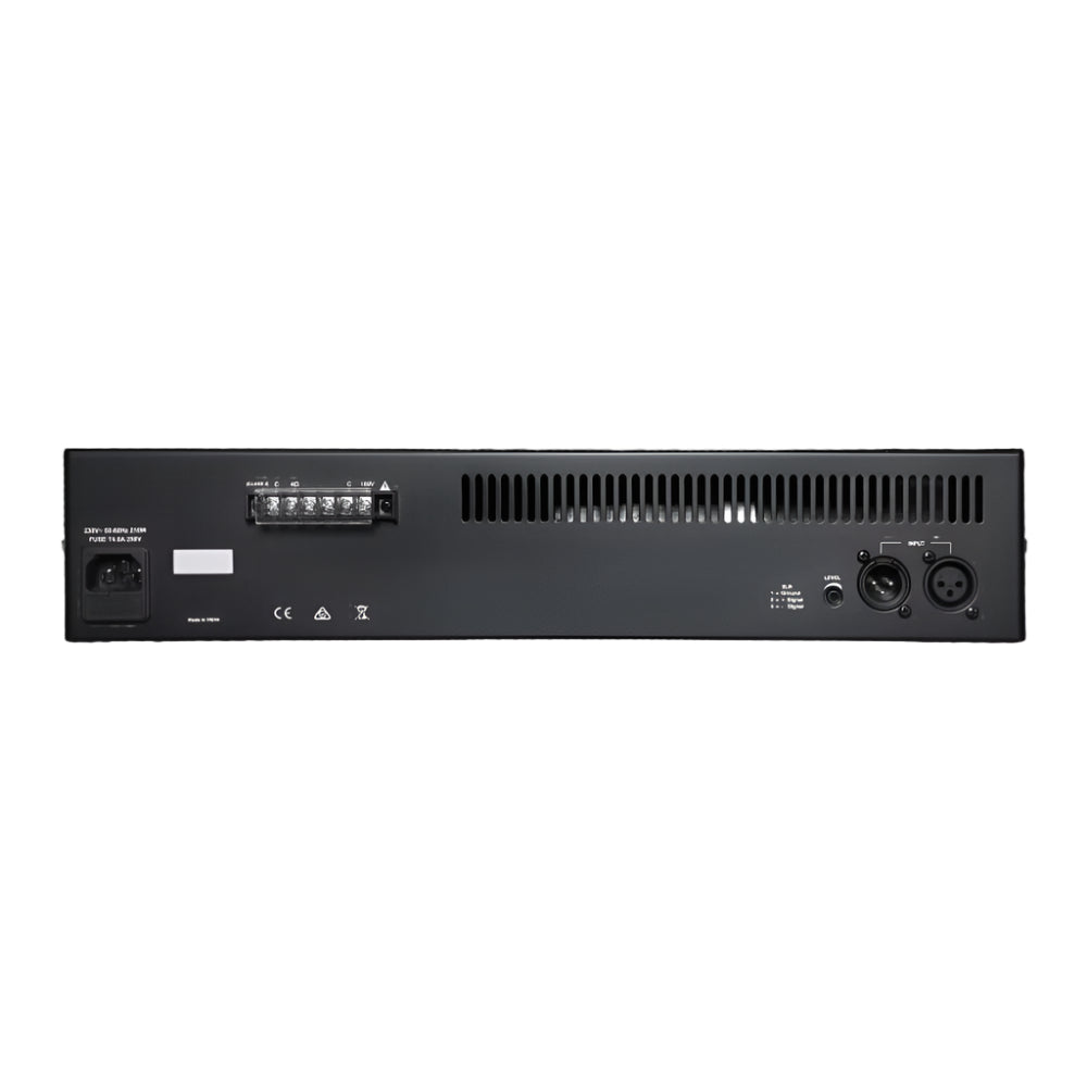 Back view of a black electronic device with various ports and labels on a white background