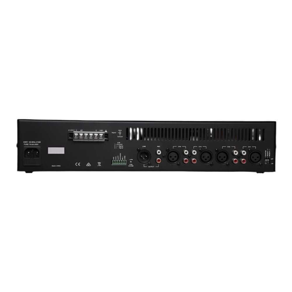 Back view of a black electronic device with various connectors on a black background