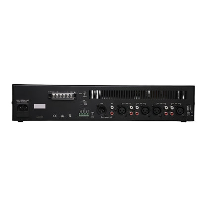 Back view of a black electronic device with various connectors on a black background
