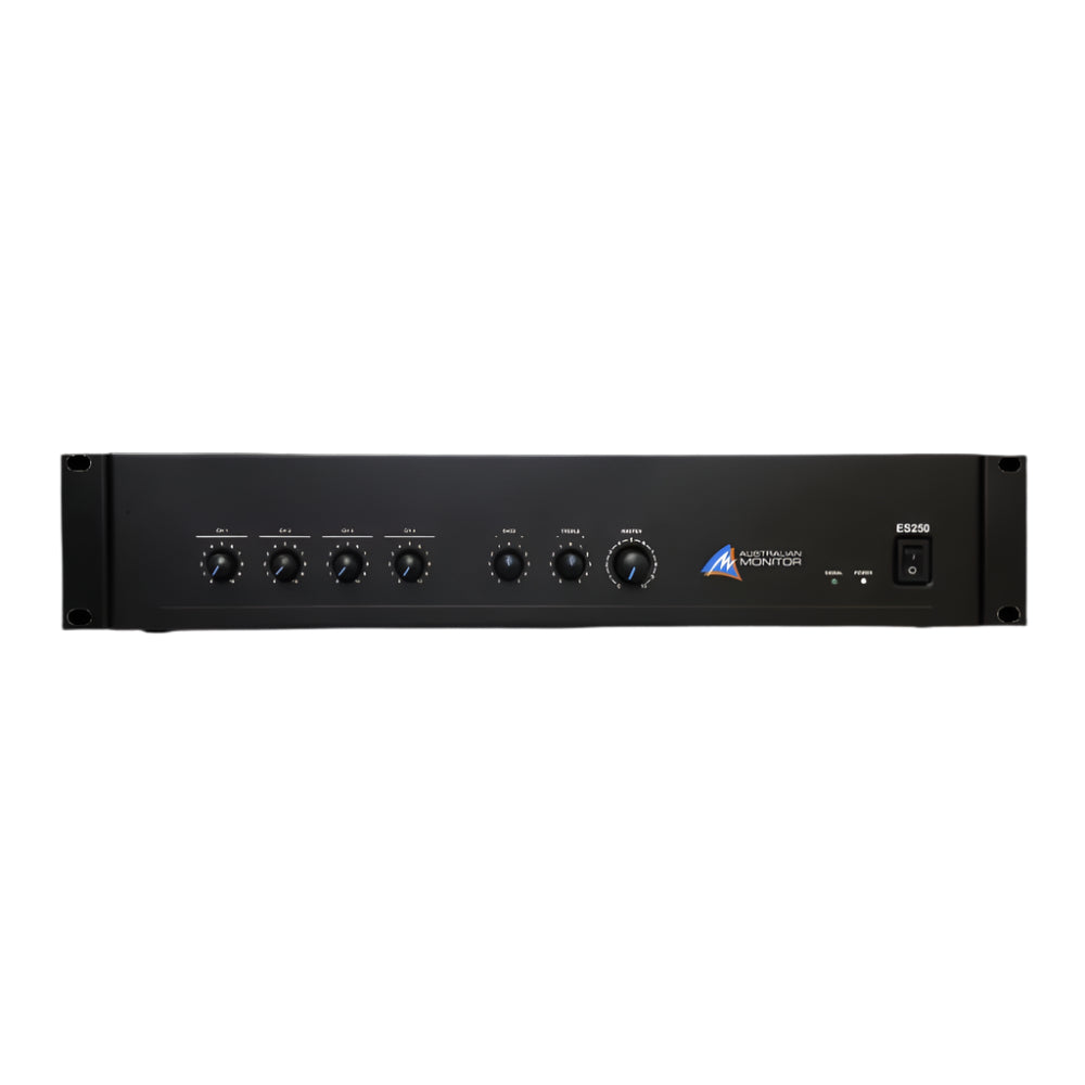 Black audio amplifier with control knobs on a black background