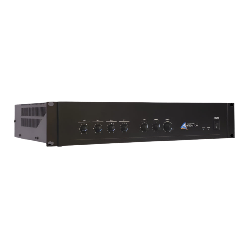 Black audio amplifier with control knobs on a white background