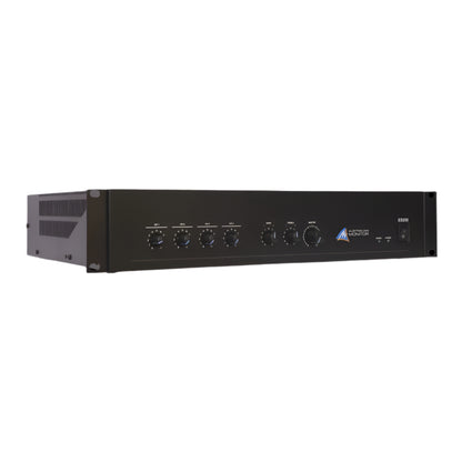 Black audio amplifier with control knobs on a white background