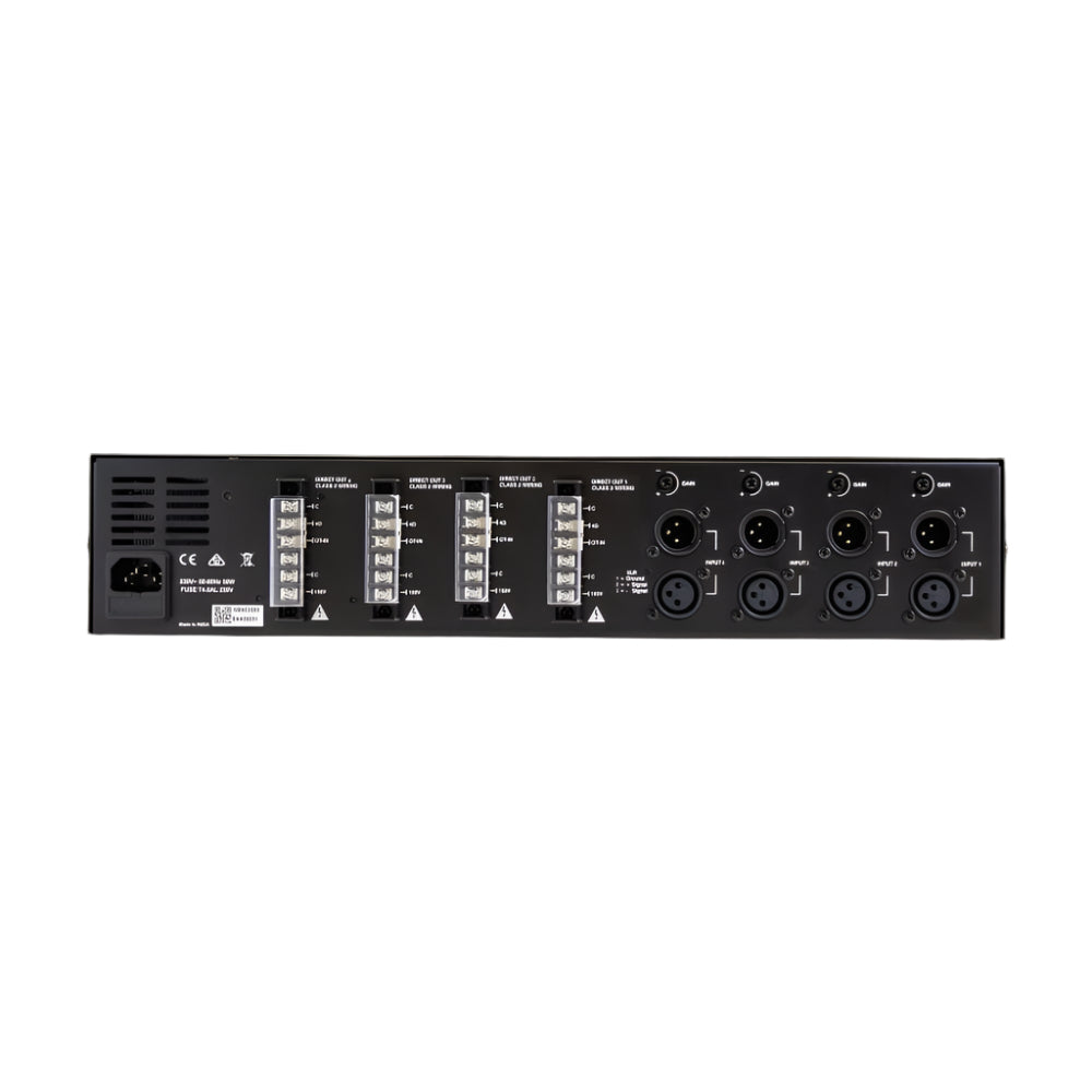 Back panel of a piece of electronic equipment with various connectors on a black background