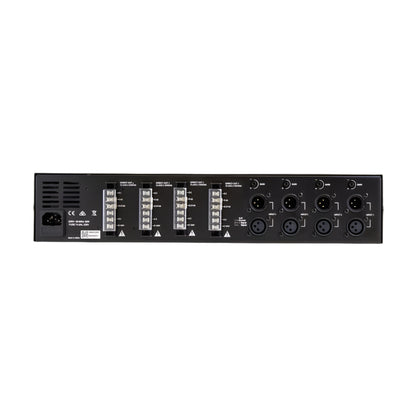 Back panel of a piece of electronic equipment with various connectors on a black background