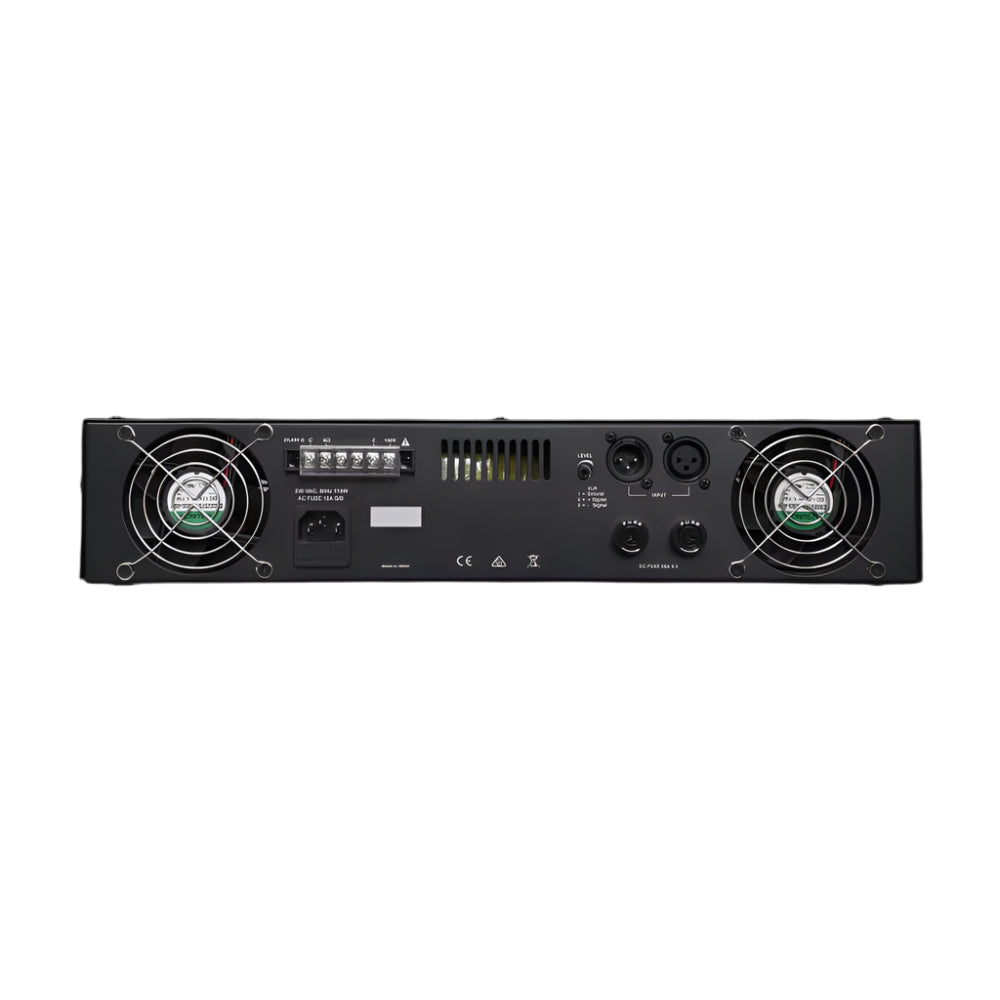 Back view of a black audio amplifier with fans and control panels on a black background