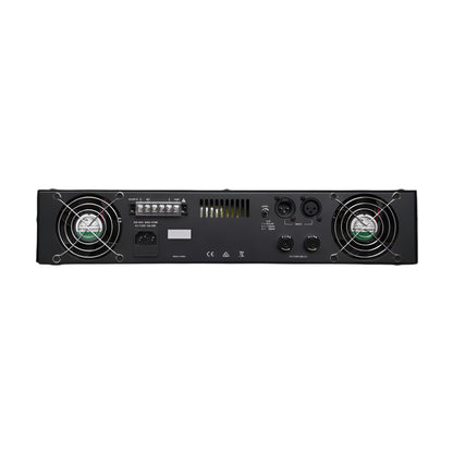 Back view of a black audio amplifier with fans and control panels on a black background