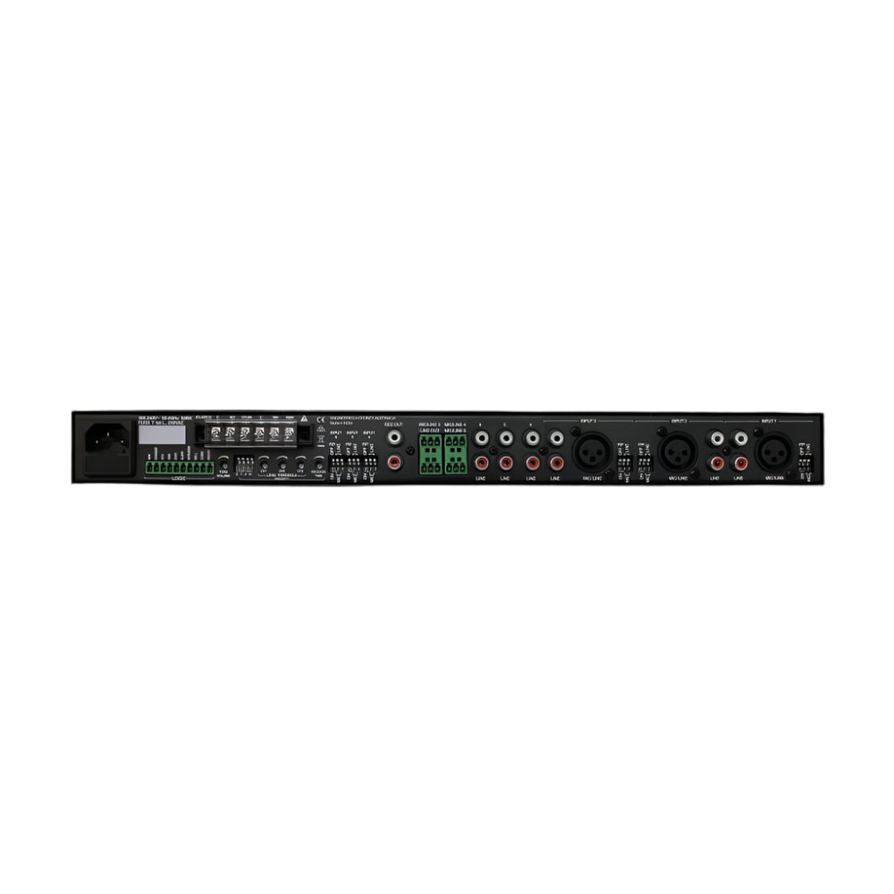 Back view of an audio equipment rack with various connectors on a black background