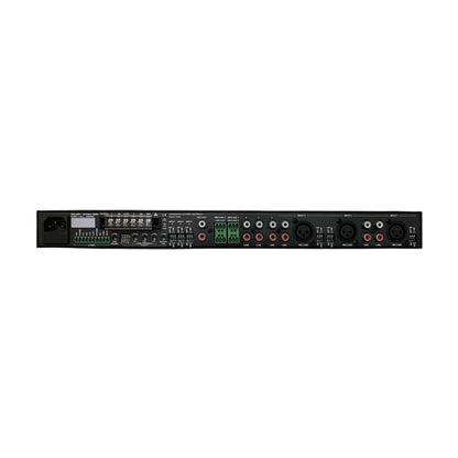 Back view of an audio equipment rack with various connectors on a black background