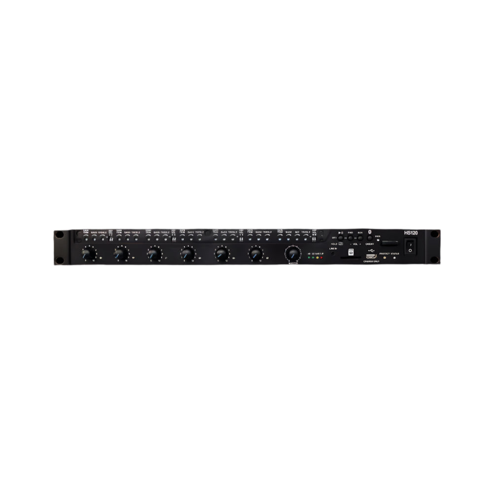 Black audio equipment rack with various knobs and connectors on a white background
