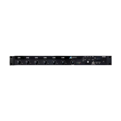 Black audio mixer with multiple channels on a black background