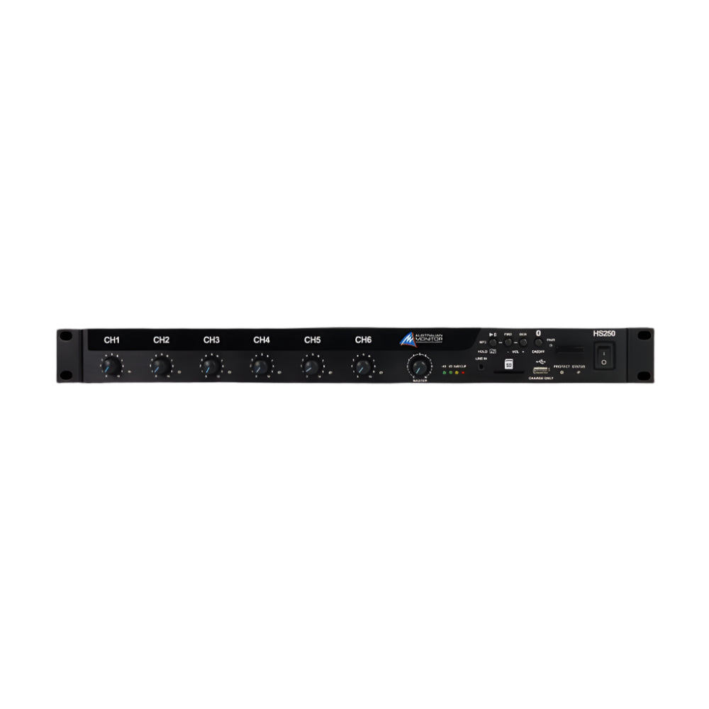 Black audio equipment with control knobs on a white background