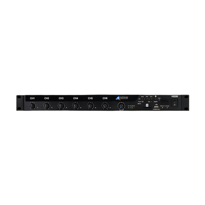 Black audio equipment with control knobs on a white background