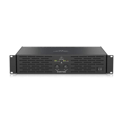 Black audio amplifier with 'Behringer' branding on a white background