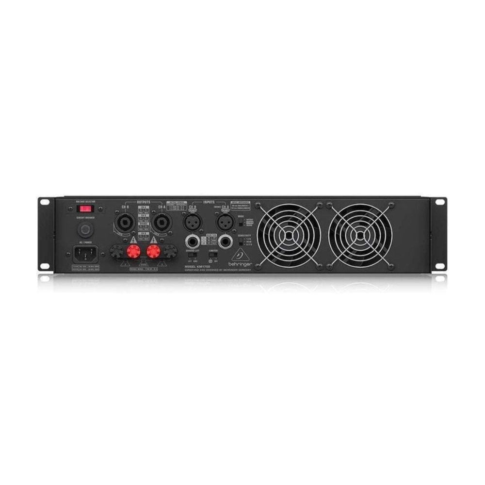 Black audio amplifier with multiple connectors on a white background
