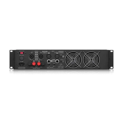 Black audio amplifier with multiple connectors on a white background