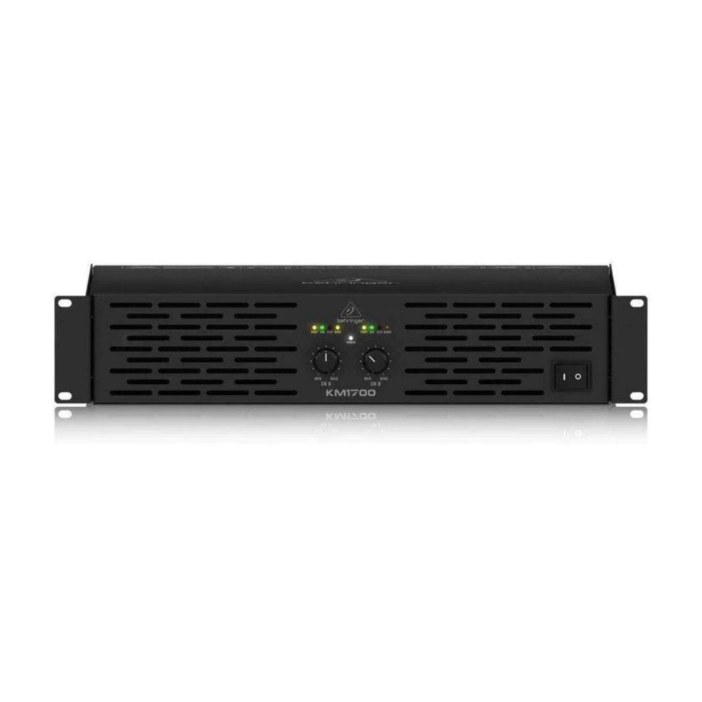 Black audio amplifier with brand logo on a white background