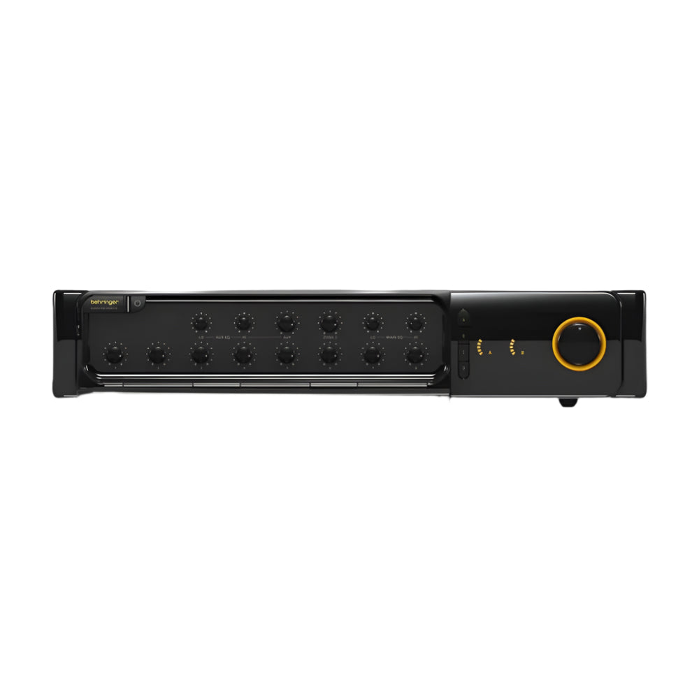 Black electronic device with control knobs on a gray background