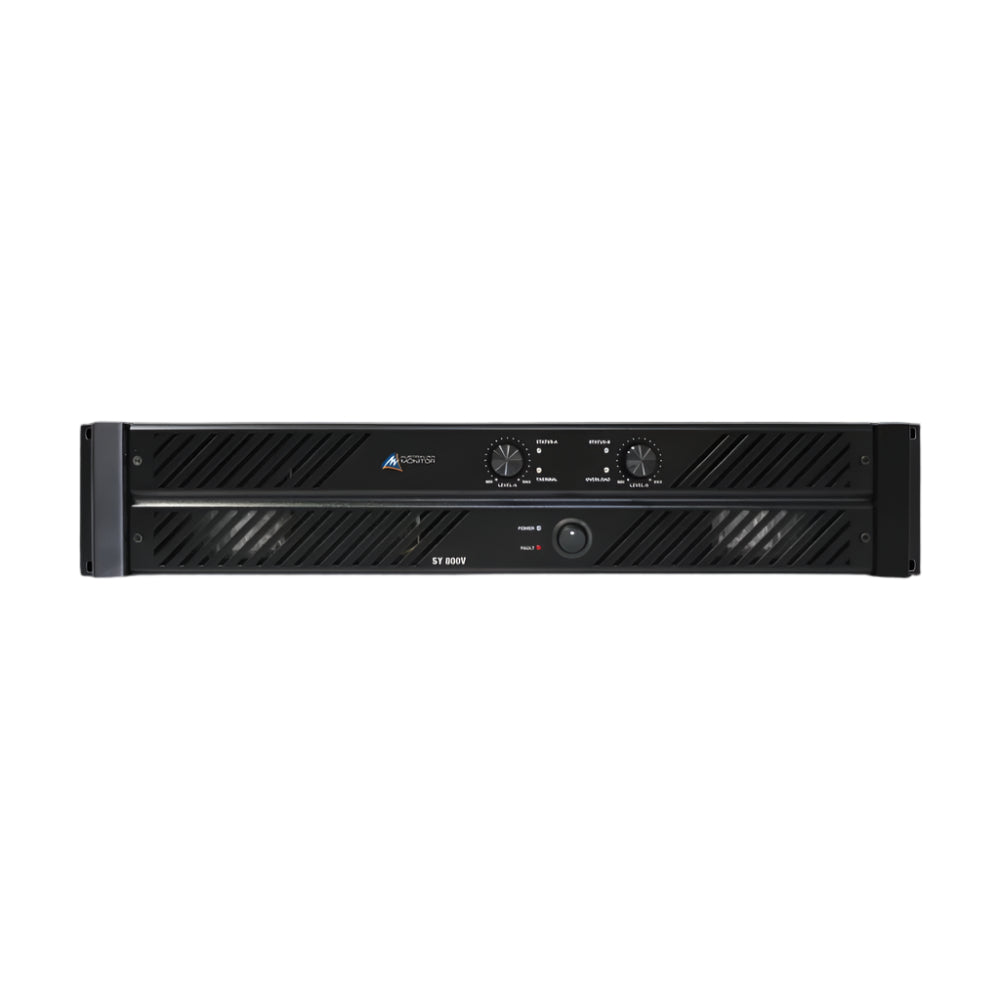 Black audio amplifier with brand logo on a black background