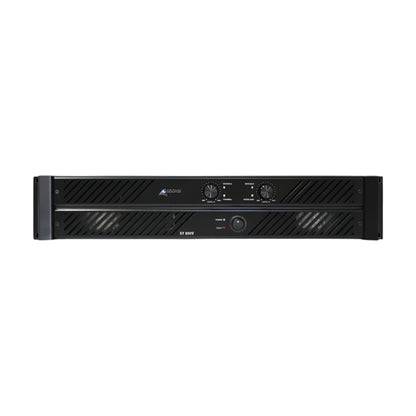 Black audio amplifier with brand logo on a black background
