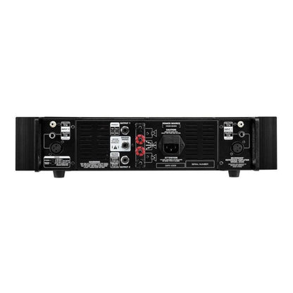 Back view of a black audio amplifier on a white background