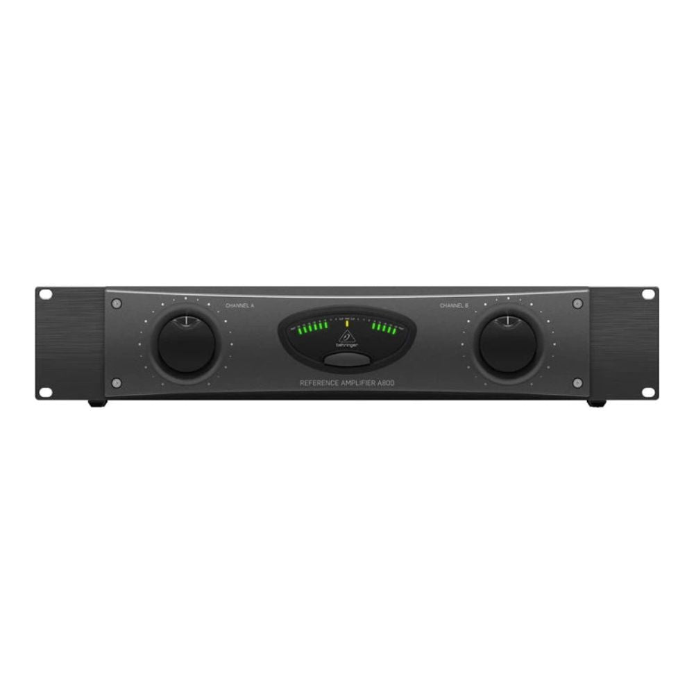 Black audio amplifier with two knobs and a display on a white background