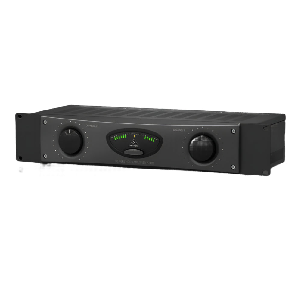 Black audio amplifier with control knobs on a white background
